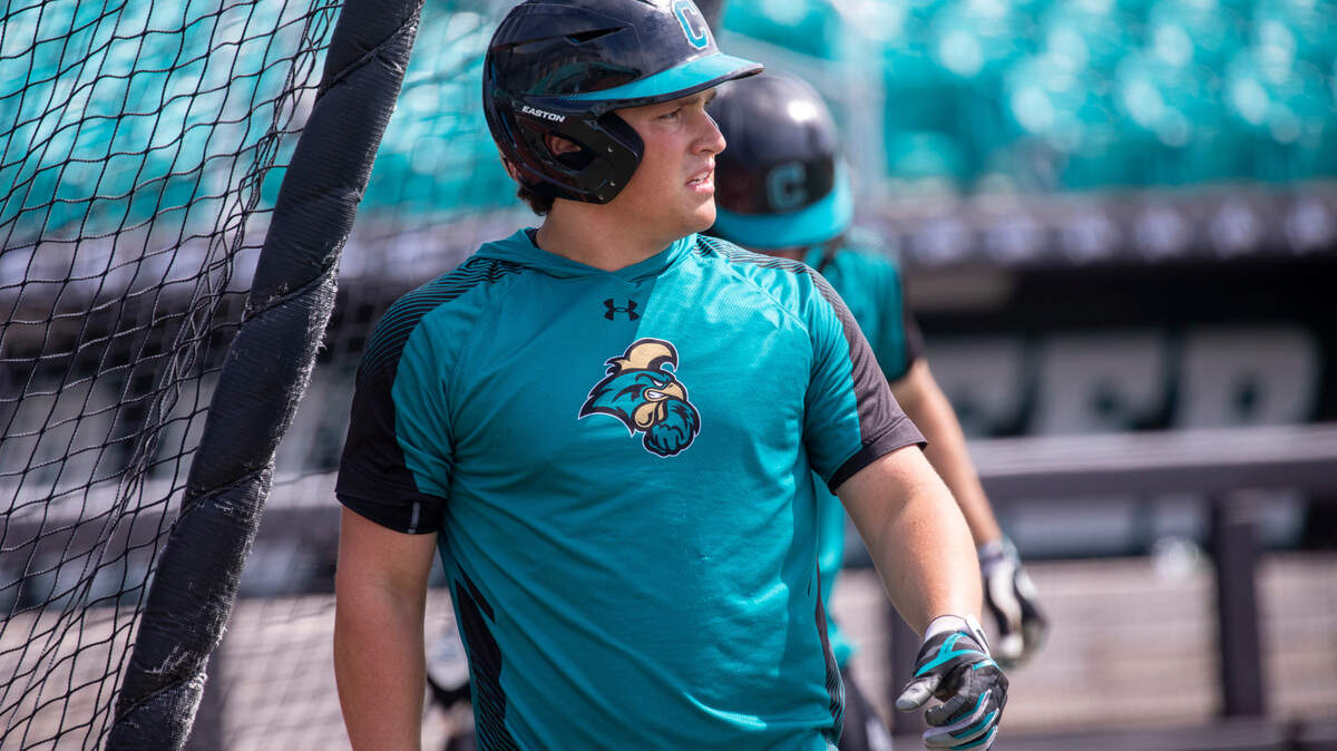 Coastal’s Caden Bodine during batting practice on Thursday. The Coastal Carolina Chanticleers baseball team practices on Thursday at Spring Brooks Stadium in advance of hosting the fifth NCAA Tournament regional in program history in Conway, S.C. June 1, 2023.