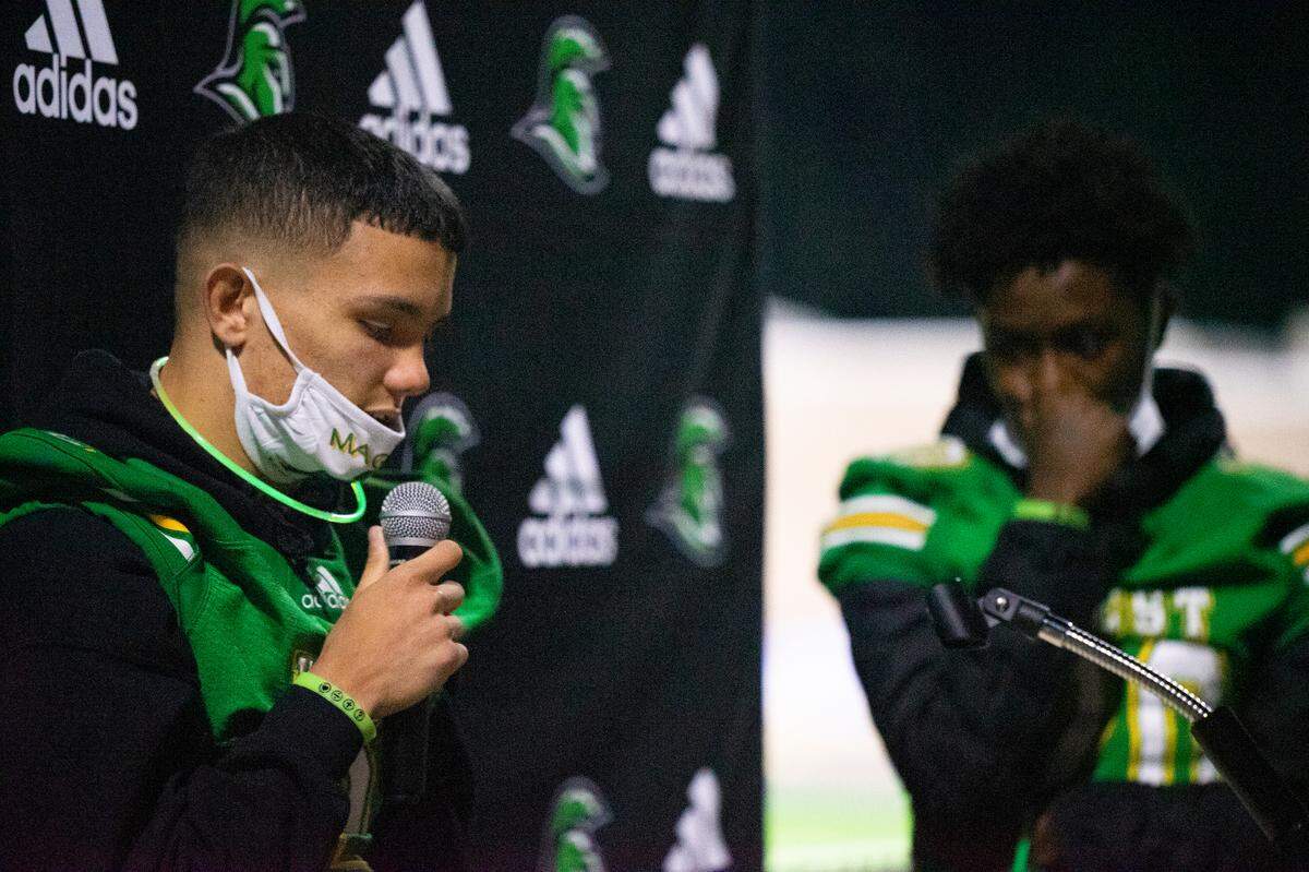 Monzelle Campbell speaks about Magbie, one of his closest friends and teammates, at a memorial held at West Brunswick Highschool.
