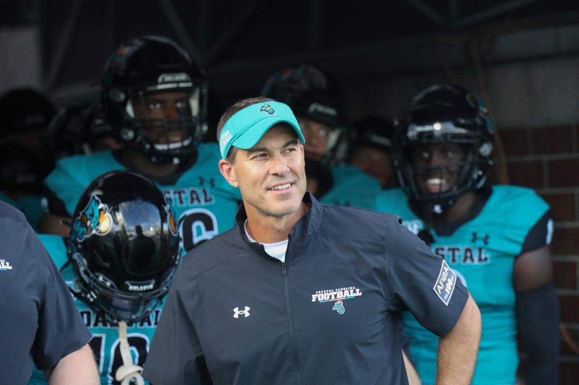 Coastal Coach Jamey Chadwell prepares to take his team on the field. Coastal Carolina University beat Army in the first game of the 2022 season at Brooks Stadium 38-28. A record crowd of 21,165 attended the game. Sept. 3, 2022.