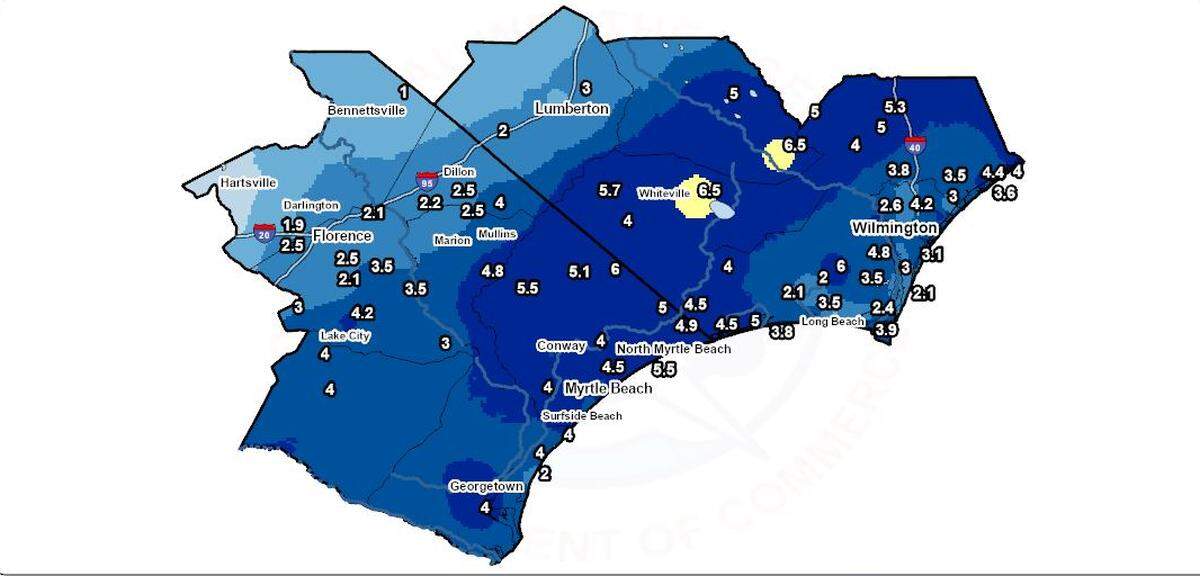 A snowfall analysis from the National Weather Service in Wilmington shows which areas around southeast North Carolina and northeast South Carolina got the most snow between Jan. 21, 2025 and Jan. 22, 2025.