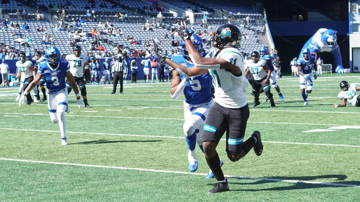 Coastal Carolina wide receiver Kameron Brown catches a touchdown pass from Grayson McCall in a 51-0 win over Georgia State at Center Parc Stadium in Atlanta. Oct. 31, 2020.