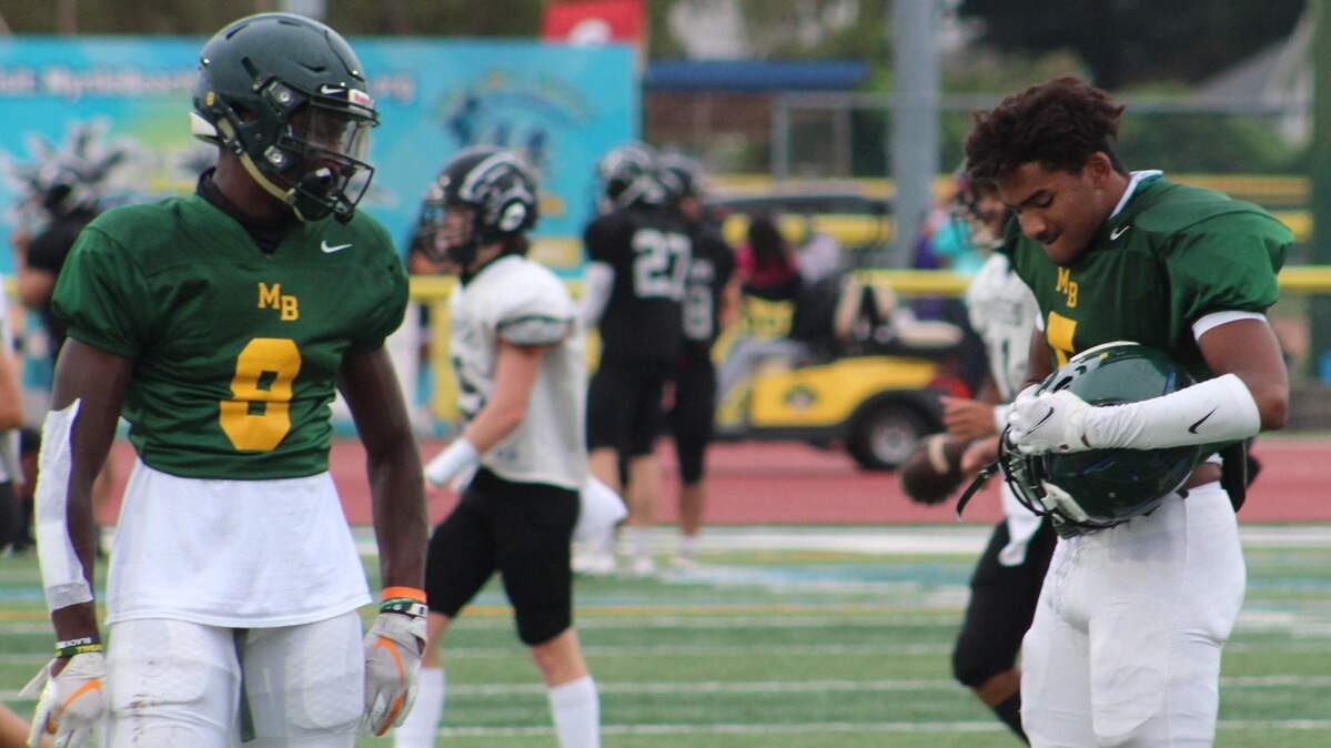 Two of the top pass catchers in South Carolina, Adam Randall (8) and JJ Jones (5) prepare for a pre-season scrimmage against Carolina Forest. Both players boast offers from many Power 5 programs, with Jones committed to play at the University of North Carolina.
