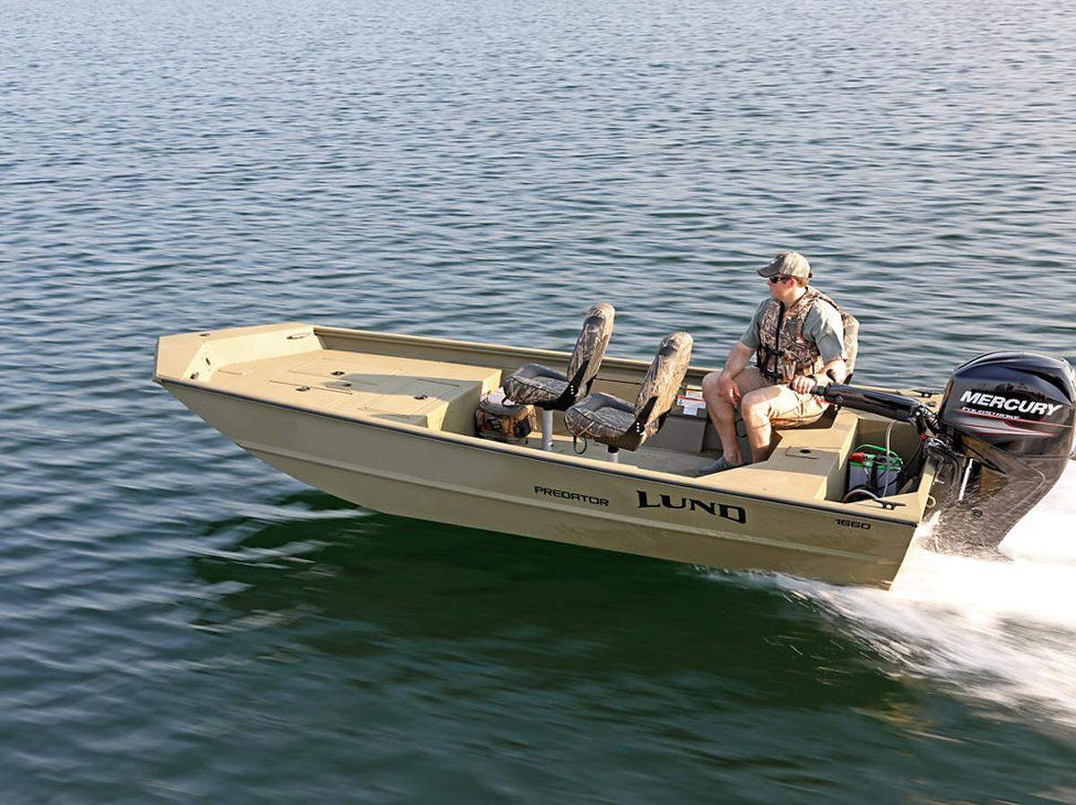 A 16-foot jon boat. This is the style of boat that 2 duck hunters were using when they took on water in North Myrtle Beach, SC on the evening of January 26, 2023. Photo from Lund Boats website.