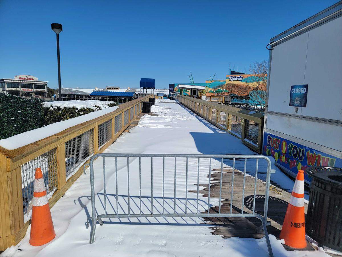 A snowy bridge at Broadway at the Beach was closed on Sunday, Feb. 1, 2026.