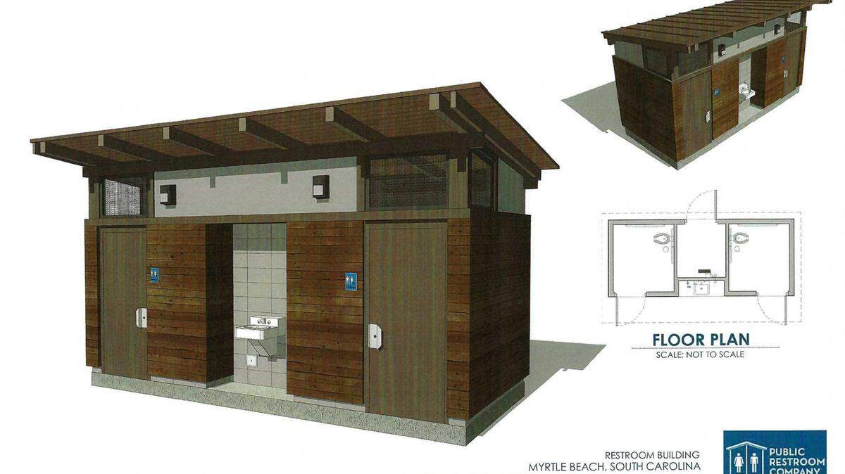 An artist’s rendering of public restrooms slated to be installed at Myrtle Beach’s Valor Park by early 2023.