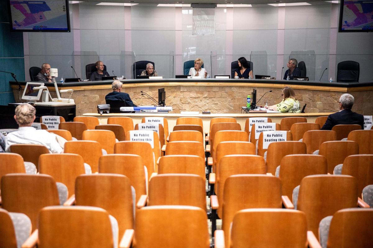 Chairs are reserved and shields placed between council members to protect from coronavirus infection at a City of North Myrtle Beach council workshop held on Wednesday. June 10, 2020