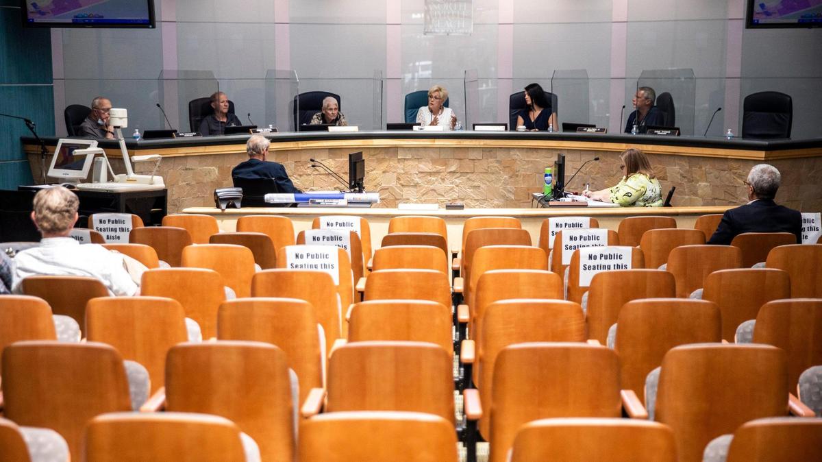 Chairs are reserved and shields placed between council members to protect from coronavirus infection at a City of North Myrtle Beach council workshop held on Wednesday. June 10, 2020