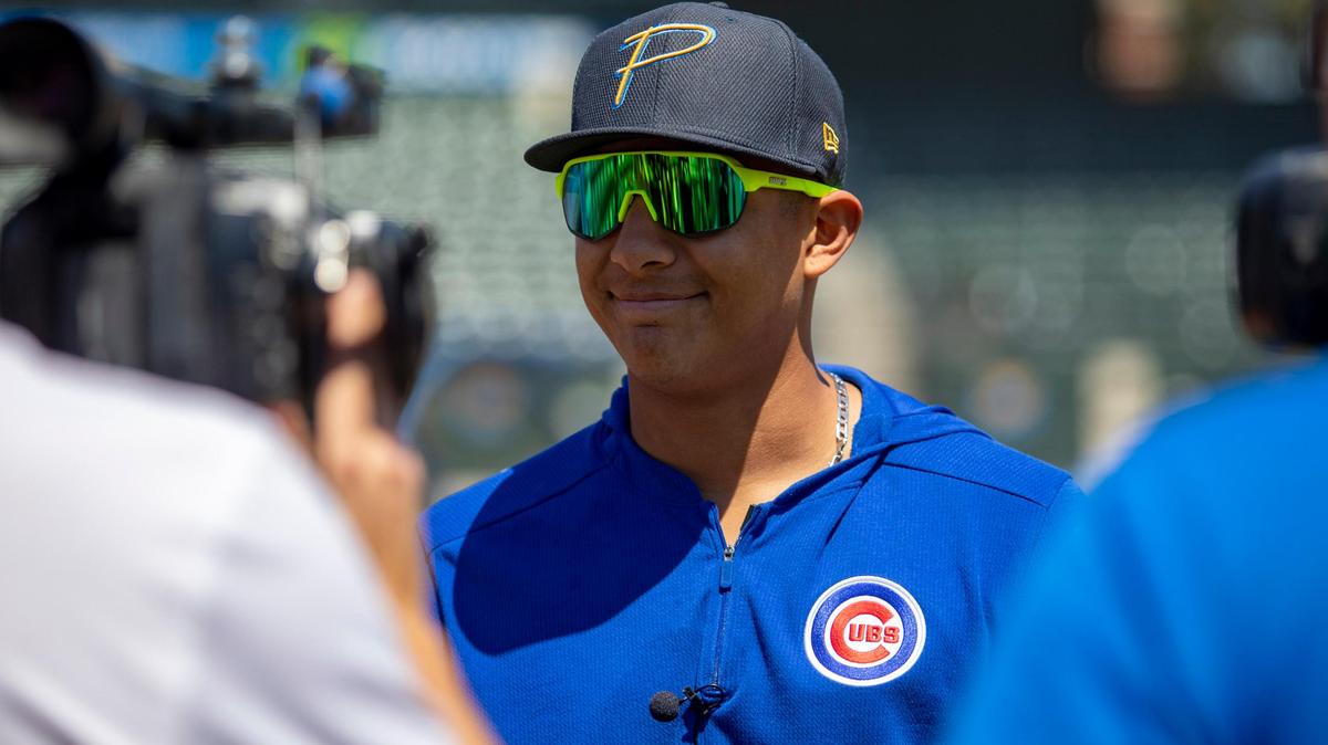 Myrtle Beach Pelicans catcher Miguel Amaya speaks with media members during Pelicans Media Day Wednesday at TicketReturn.com Field in Myrtle Beach.