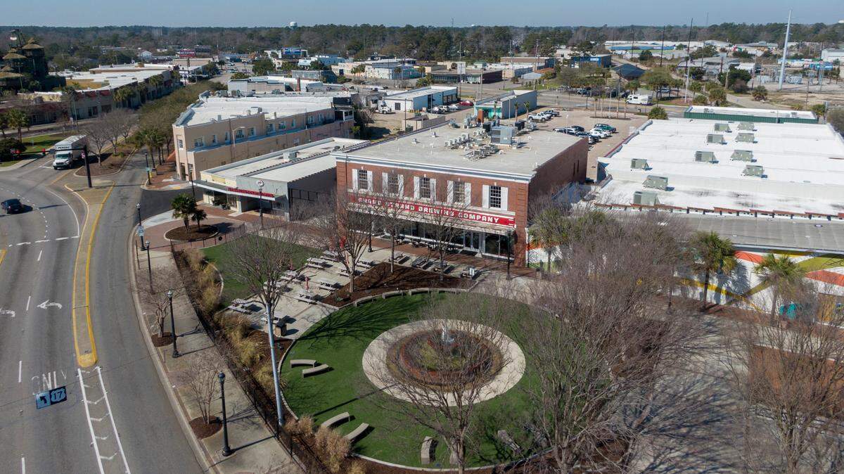 An aerial view of part of the Myrtle Beach downtown Arts and Innovation District that is undergoing redevelopment. Feb. 22, 2023.