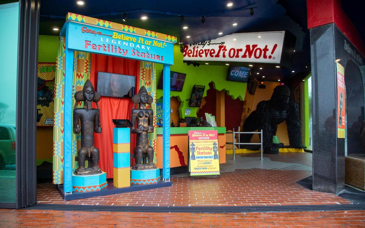 African fertility statues sit on display at the entrance to Ripley’s Believe It or Not! museum along Ocean Boulevard in Myrtle Beach. According to tribal legend, to ensure a couple’s fertility the statues are to be placed on either side of a doorway leading into a bedroom. If a woman or her spouse touches either statue as they enter the room, they will soon get pregnant.