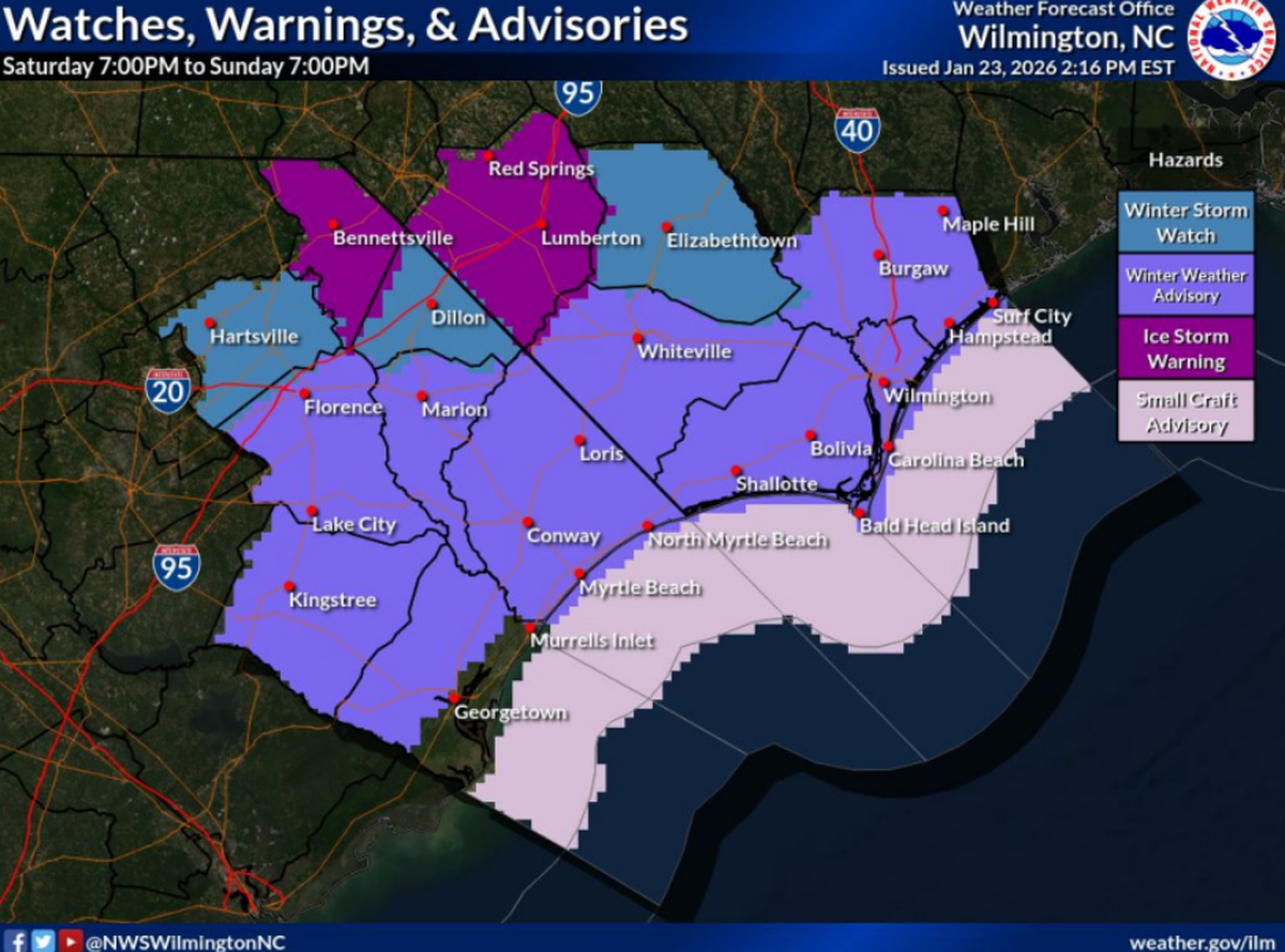A map of winter watches, warnings and advisories released by the National Weather Service Friday afternoon.