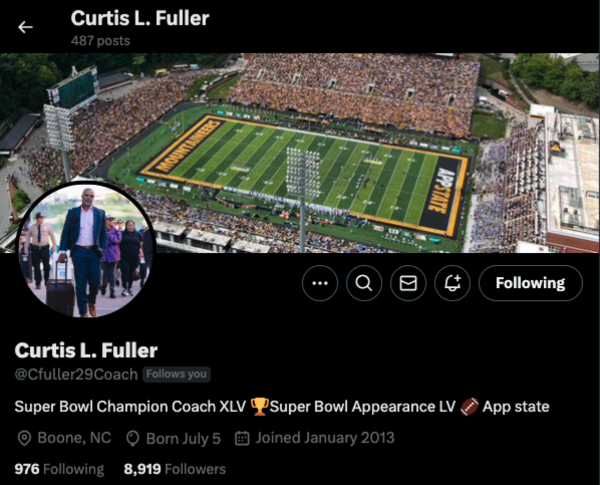 CCU cornerbacks’ coach Curtis Fuller’s X, previously known as Twitter, profile features a photo of Appalachian State’s stadium as of Dec. 30, 2024. His profile also lists his location as Boone, N.C., App State’s home.