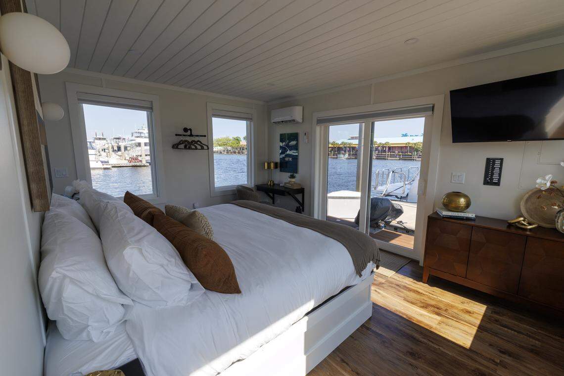 The Palmera, a 53-foot one-bedroom stationary houseboat, is docked at the Barefoot Landing Marina in North Myrtle Beach, SC. The houseboat is equipped for up to four people with a full kitchen and bath as well as a top deck for lounging. It is now available as a vacation rental with rates starting at $293 per night but are variable based on the season. April 23, 2026.