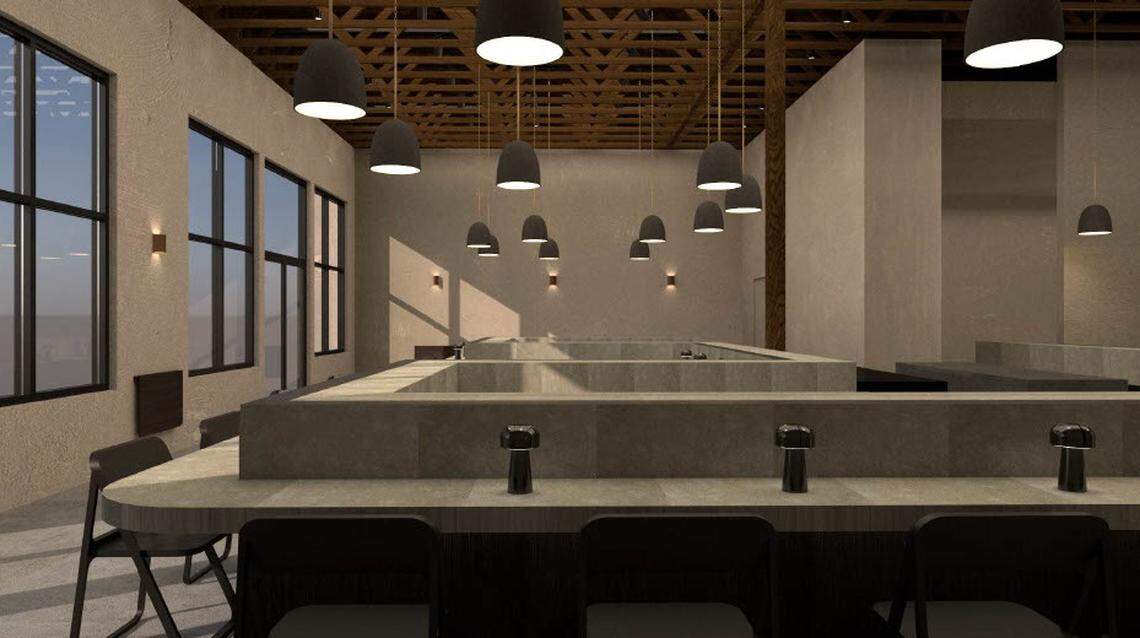 Concept art of the interior of Mura Restaurant, Bar & Cafe at 1390 Farrow Parkway in Market Common. The Myrtle Beach restaurant, opening in July, will feature Korean Southern food on a conveyor belt. May 30, 2023.