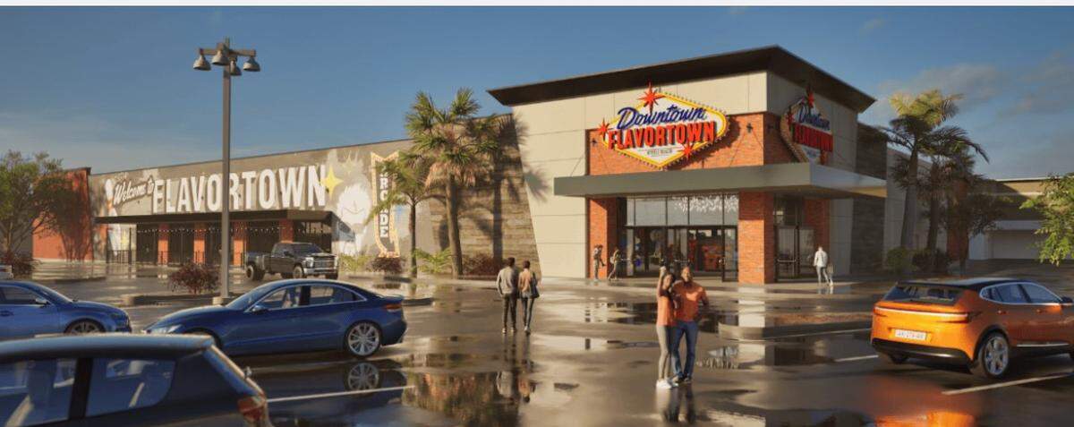 An artist’s rendering shows what the Downtown Flavortown, a new restaurant by Guy Fieri that will open at the Myrtle Beach Mall in 2026, will look like.
