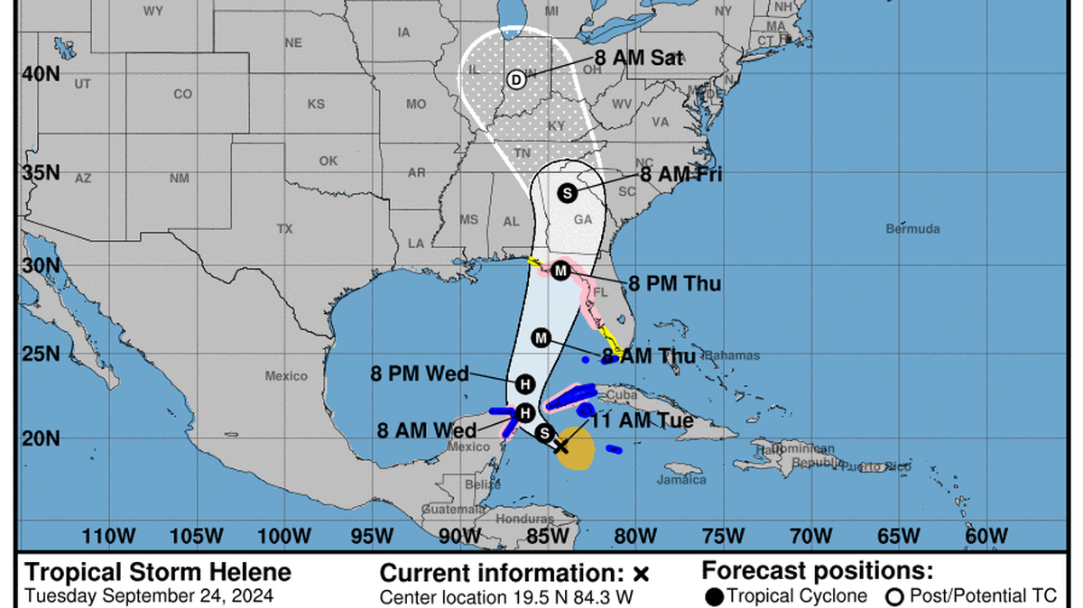 A map showing the forecast cone of Tropical Storm Helene. screenshot Courtesy of National Hurricane Center