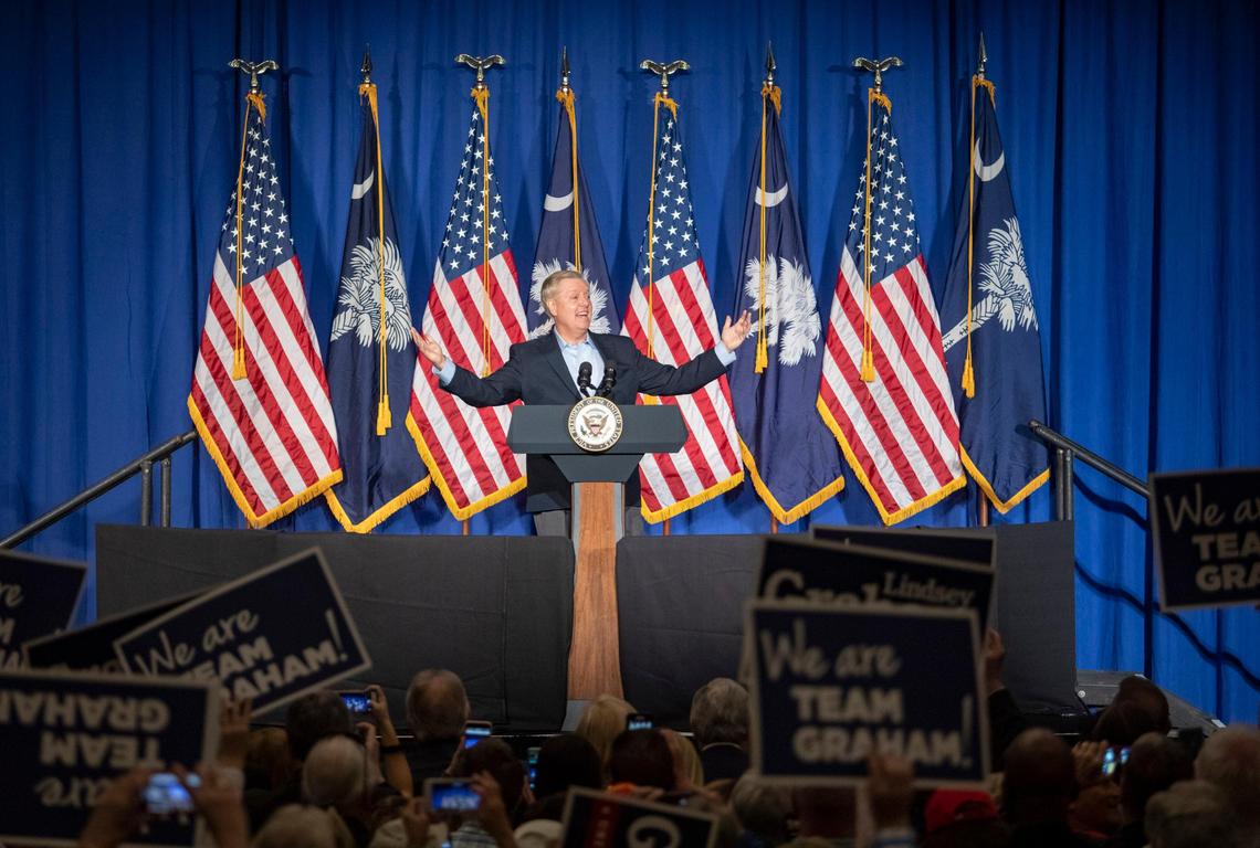 South Carolina Senator Lindsey Graham addresses supporters at the Embassy Suites at Kingston Plantation in Myrtle Beach. Graham was in town along with Vice President Mike Pence, South Carolina Governor Henry McMaster and Congressman Tom Rice to announce Graham’s intention to run for re-election.