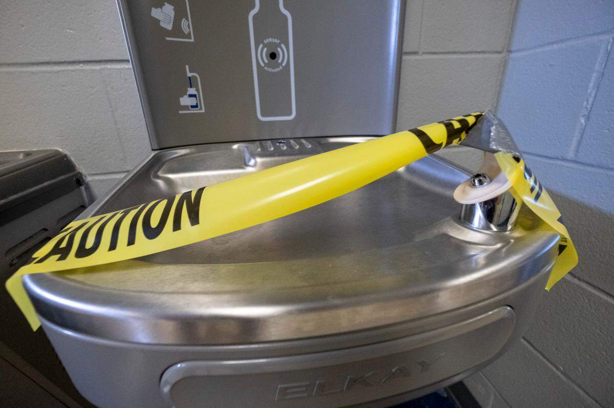 Water fountains at North Myrtle Beach Middle School have been taped off. Teachers returned to North Myrtle Beach Middle School on Thursday and are preparing for the eventual re-opening after having been closed due to the coronavirus threat. August 27, 2020.