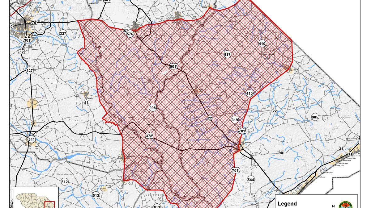 A map provided by the South Carolina Department of Natural Resources displays areas near the Great and Little Pee Dee rivers under a temporary hunting ban for some species because of the effects of Hurricane Florence.