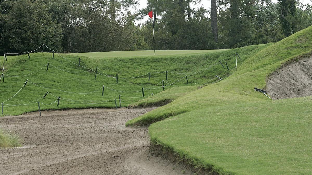 The 16th green has a spoils area and bunkers to the front at the Moorland Course at Legends Resort. The course reopened on Aug. 27 following renovations.