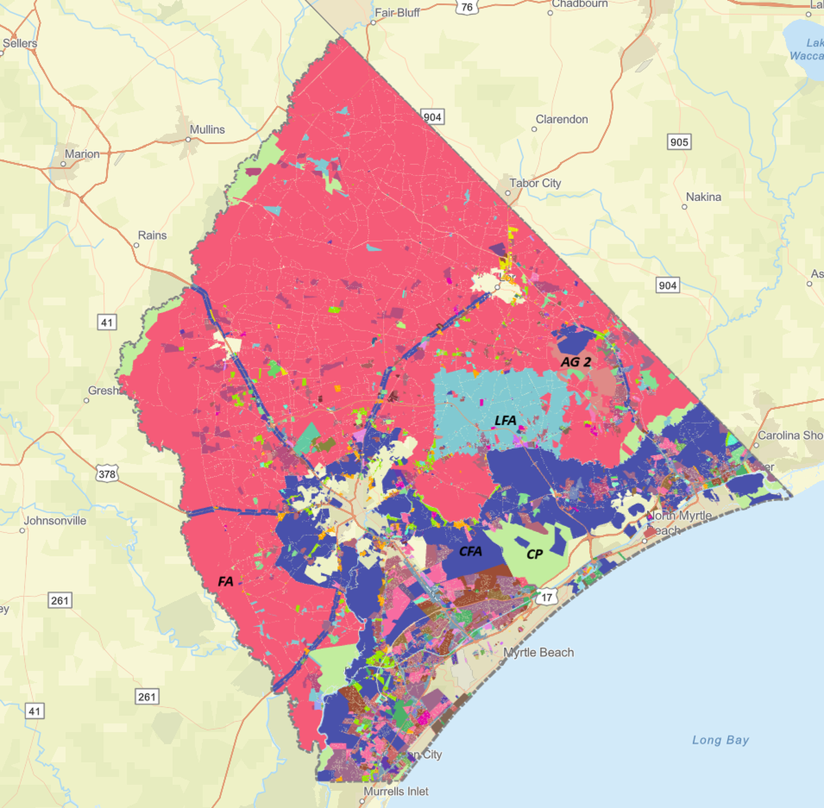 Horry County’s geographic information system parcel map shows land zoned as forest agriculture districts in pink.
