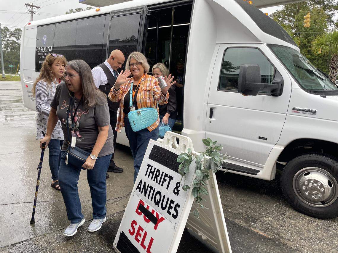 Candy McCallister, who operates as Candy Thrifts on social media platforms, conducts thrift crawls in the Myrtle Beach area. Twenty-four participants traveled to three resale shops on Saturday, Oct. 11, 2025, including Market 48 in Conway, SC. McCallister’s crawls often sell out once posted.
