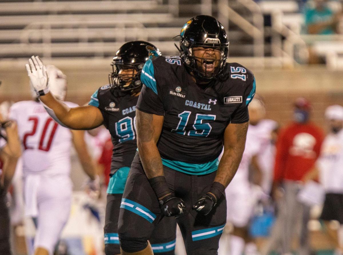 Coastal’s Jerrod Clark celebrates a sack against South Alabama. Coastal Carolina, ranked No. 15 in this week’s AP Top 25 Poll, played South Alabama on Saturday night in a Sun Belt Conference football game at Brooks Stadium in Conway. November 7, 2020.