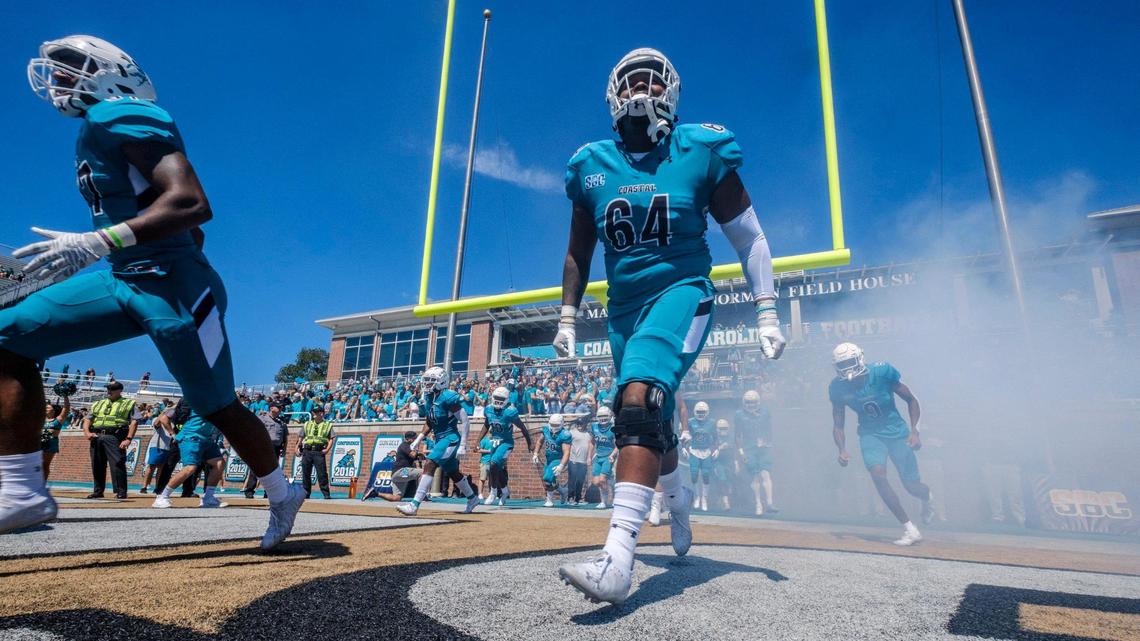 Coastal Carolina takes the field before defeating Massachusetts on Sept. 25 at Brooks Stadium in Conway SC. Sept. 25, 2021