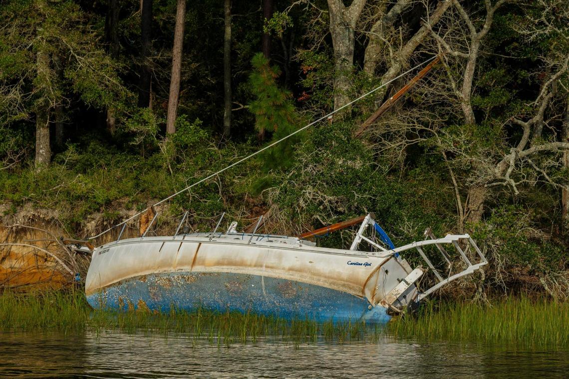 Abandoned boats litter the waterways throughout Horry County, S.C. The Department of Natural Resources is partnering non-profit conservation groups and local businesses to begin removing the derelict vessels from local waterways. Oct. 14, 2021.