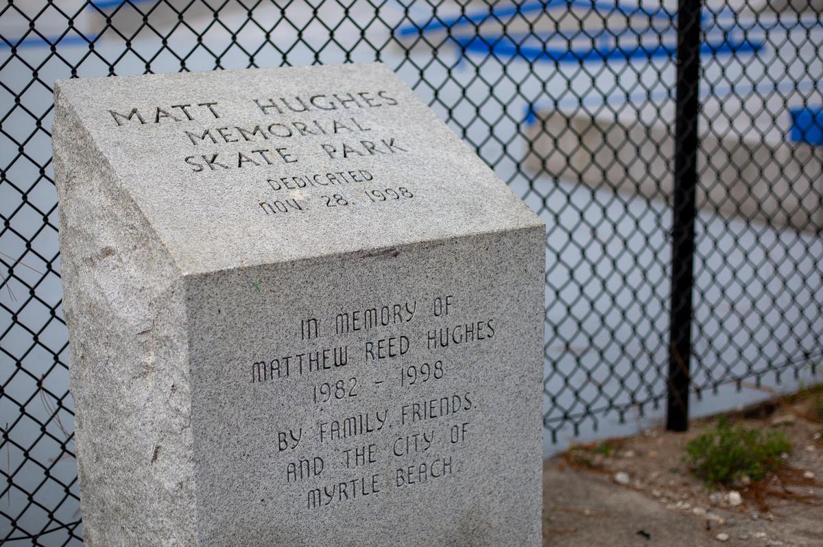 A memorial at the Matt Hughes Skate Park in Myrtle Beach. The park is named after Hughes, a skateboarder, who fell in 1998 while riding a street in Myrtle Beach; a fall that resulted in a major head injury, and ultimately, his death.