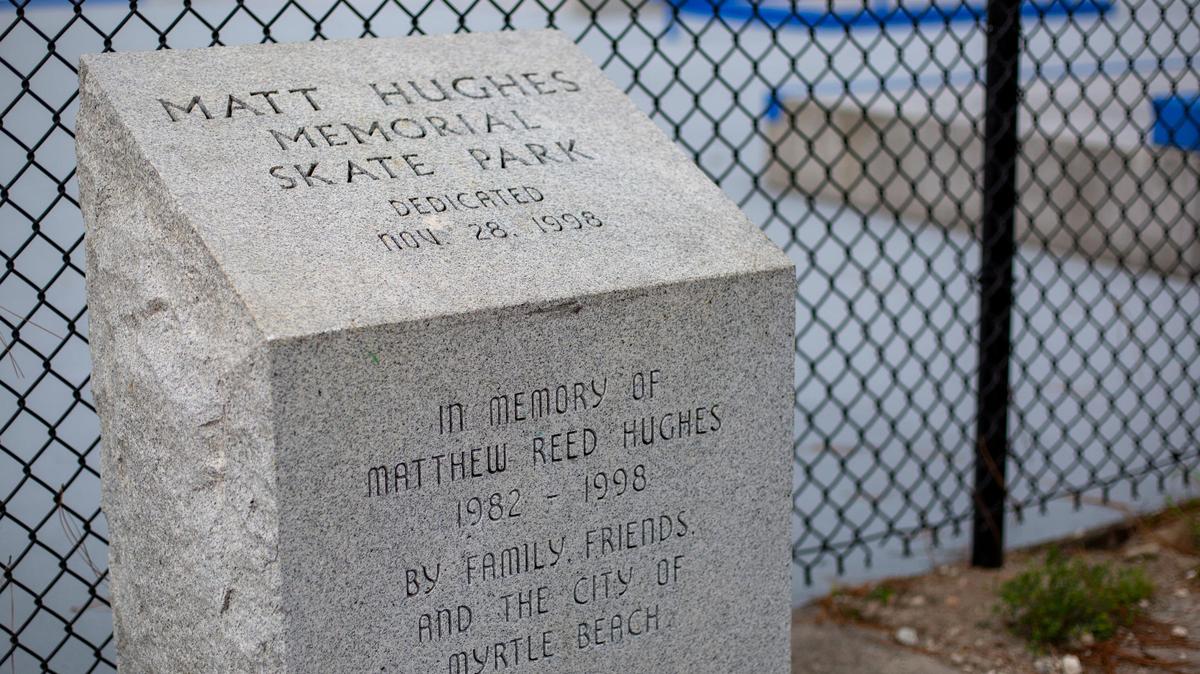 A memorial at the Matt Hughes Skate Park in Myrtle Beach. The park is named after Hughes, a skateboarder, who fell in 1998 while riding a street in Myrtle Beach; a fall that resulted in a major head injury, and ultimately, his death.