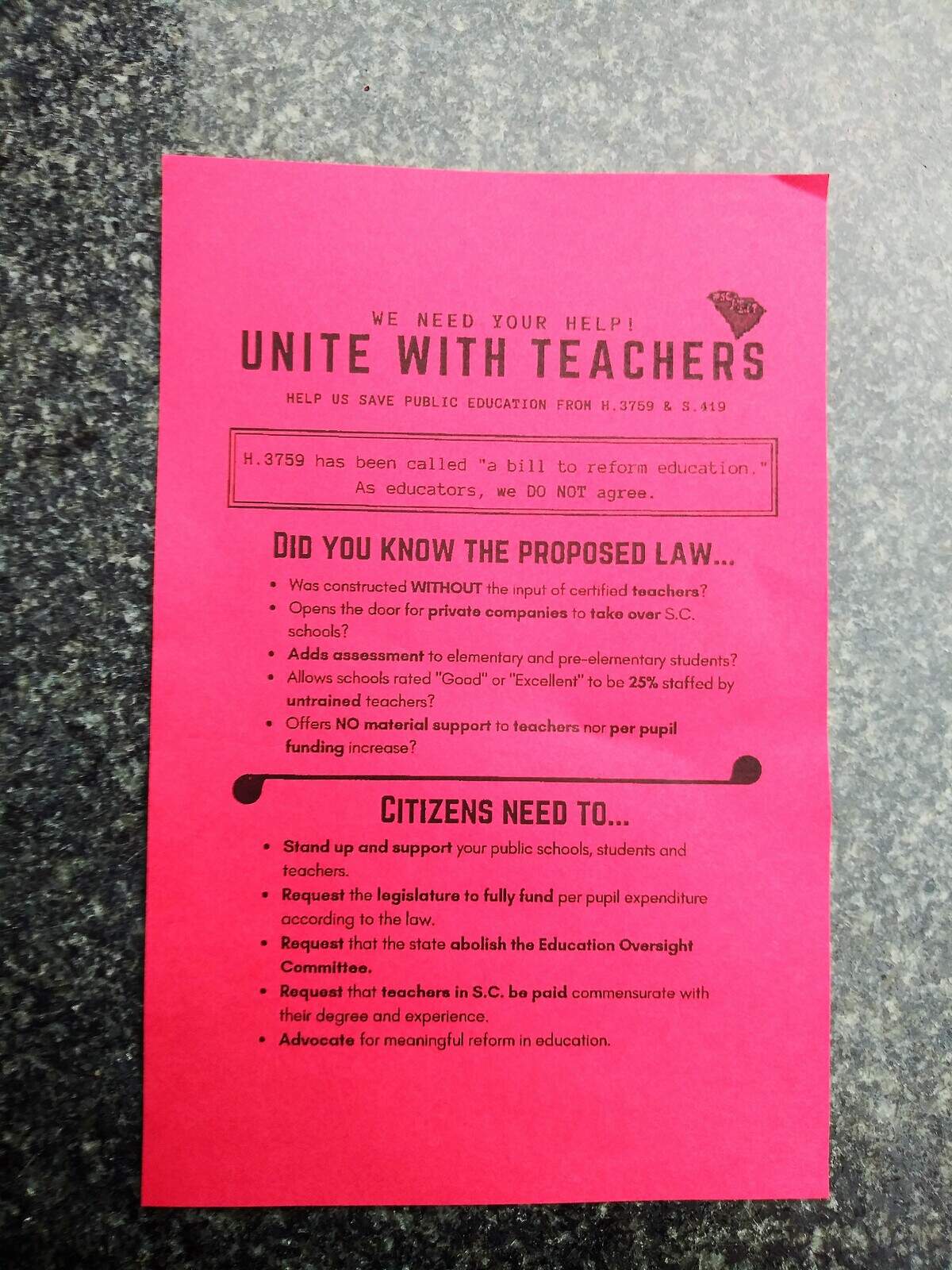 Area teachers and advocates attended a rally Saturday at Handley’s in Pub & Grub in Carolina Forest that was centered around stopping a bill proposed by state legislators. Flyers were handed out at the event.