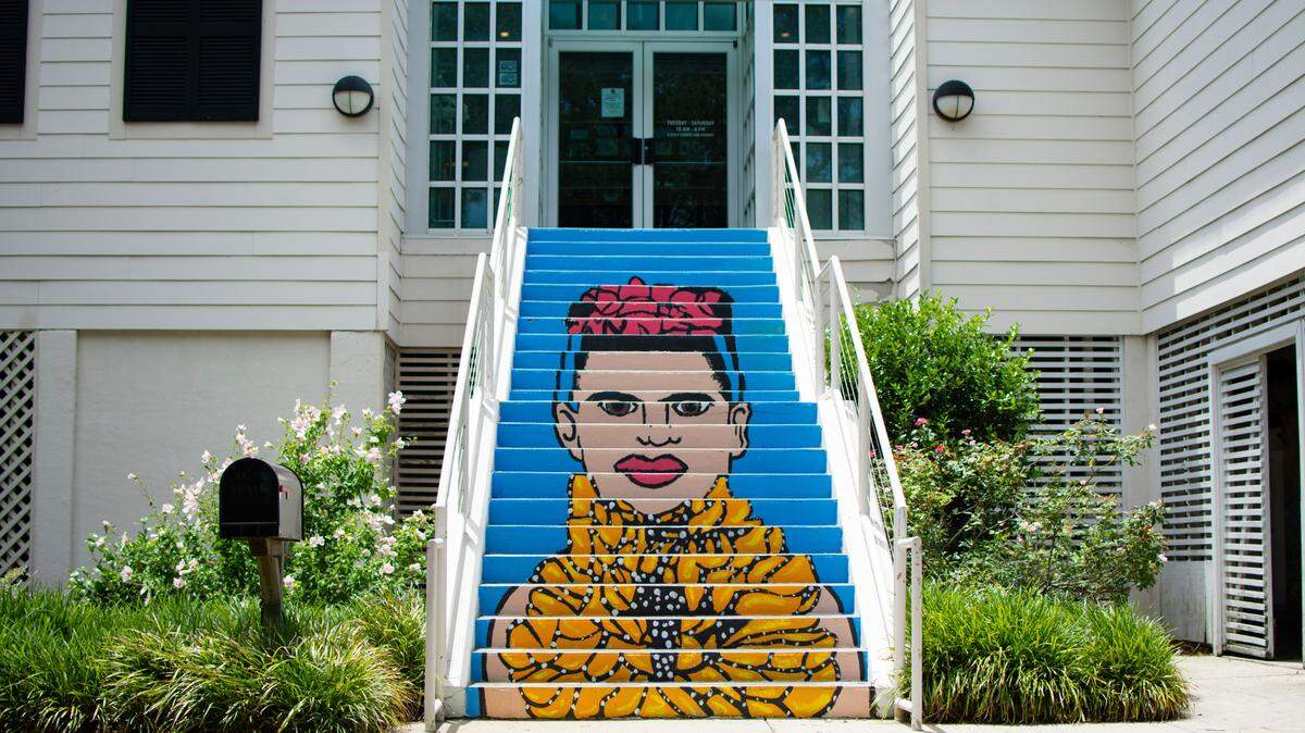 The Myrtle Beach Art Museum painted its front steps with a portrait of Frida Kahlo as part of its summer 2022 exhibit, “The World of Frida.”