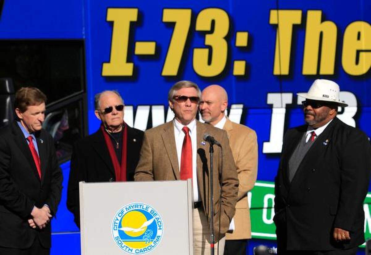 Myrtle Beach businessman Mike Wooten addresses crowd at the Myrtle Beach Convention Center Friday, as Myrtle Beach area leaders gathered to encourage residents to be “cheerleaders” for Interstate 73.