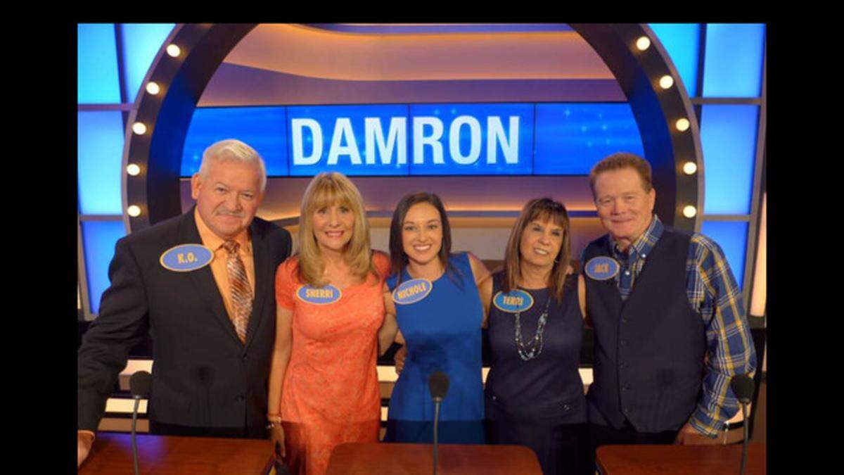 K.O. Damron, from left to right, Sherri Lynn Damron, Leslie Nichole Bohannon, Terri Ann Dempsey and Jack Dempsey appear on an episode of Family Feud set to air Monday.