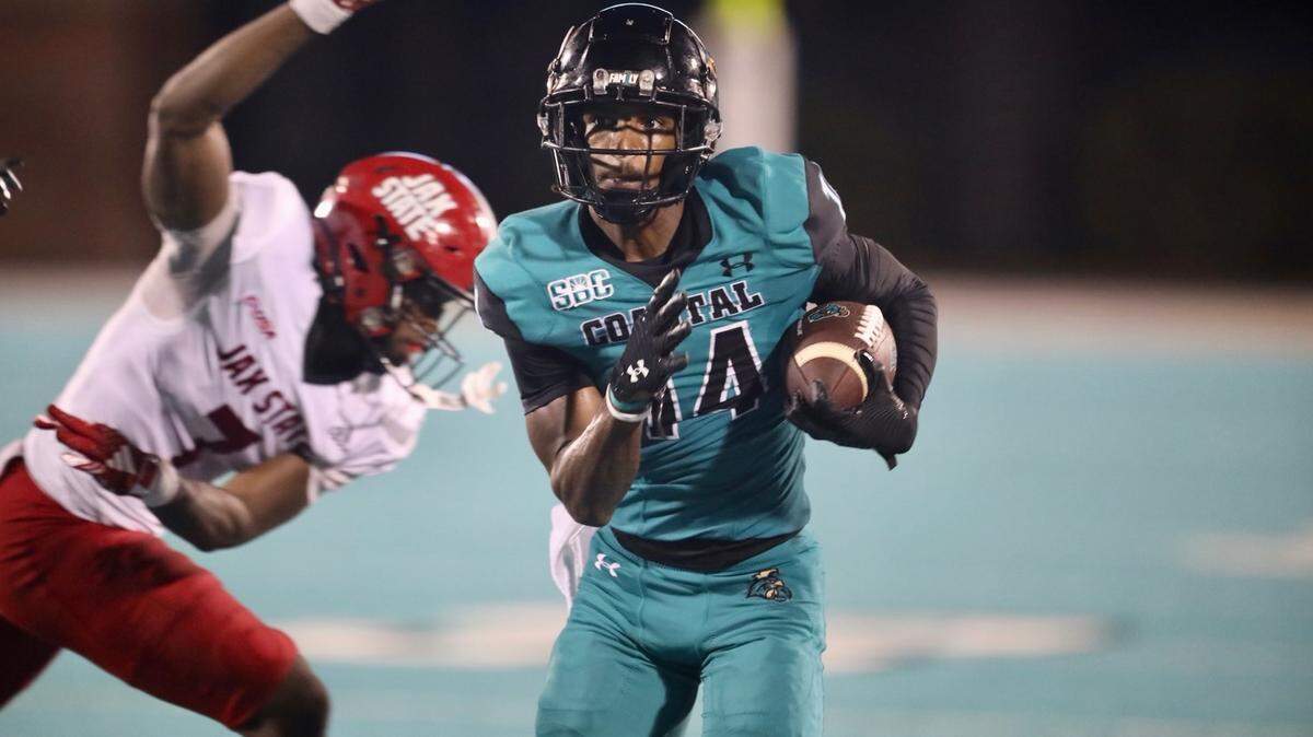 Coastal Carolina wide receiver Jared Brown rushes for a 77-yard touchdown against Jacksonville State University. CCU went on to win the game. Sept. 9, 2023.