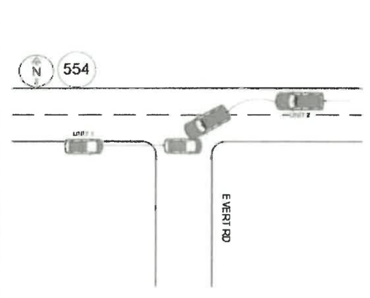 A graphic from the collision report shows Dixon’s vehicle, labeled “Unit 1” and Leonhardt’s vehicle, labeled “Unit 2.”