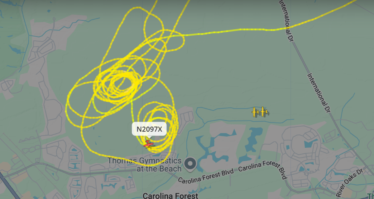The path a South Carolina Forestry Commission airplane took while dropping water on a wildfire in the Carolina Forest area. Screenshot taken at 3:25 p.m. March 2.