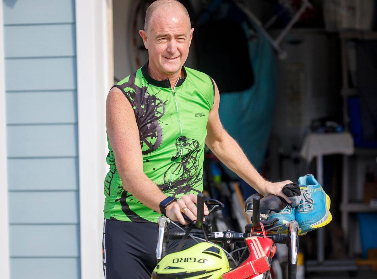 Dr. James Mahaffey, age 64, of Surfside Beach, SC trains in preparation for the 2021 Ironman Triathlon World Championship to be held in St. George, Utah in May. The race will be Mahaffey’s 33rd full distance Ironman Triathlon, which consists of a 2.4 mile swim, 112 mile bike, and 26.2 mile marathon run. February 04, 2022.