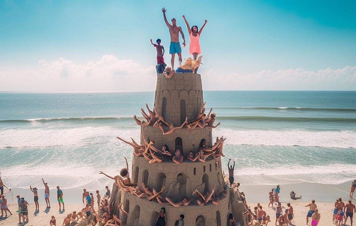 An AI-generated human sandcastle on the beach. Visit Myrtle Beach called the city “Mitarry Best” in a Reddit advertising campaign. Sept. 14, 2023.