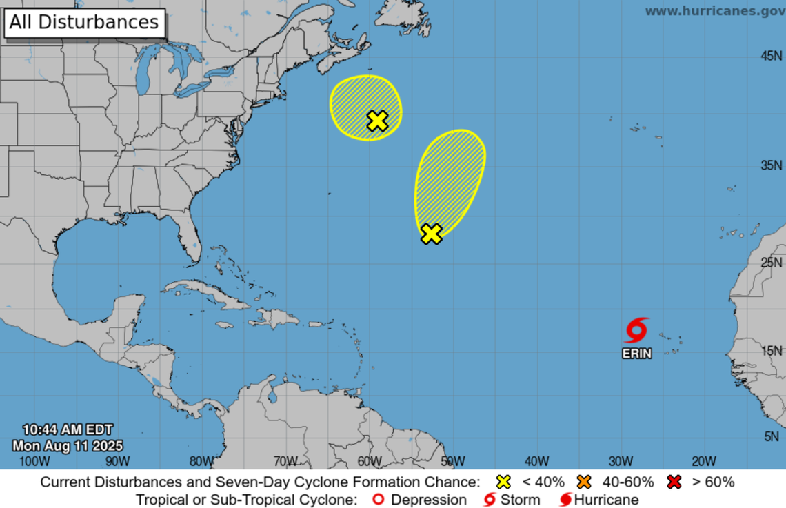 The National Hurricane Center is tracking Tropical Storm Erin and two tropical disturbances in the Atlantic.