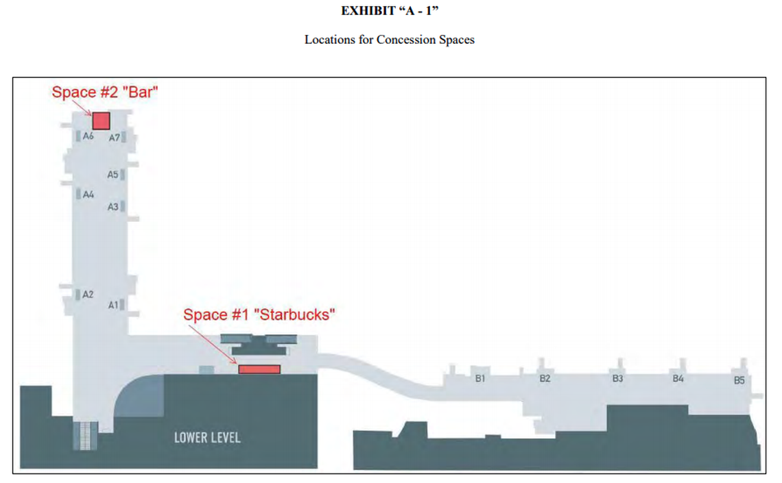 Plans submitted to a committee of Horry County Council show the locations of a planned Starbucks and cocktail bar that will be established at the Myrtle Beach International Airport later this summer.