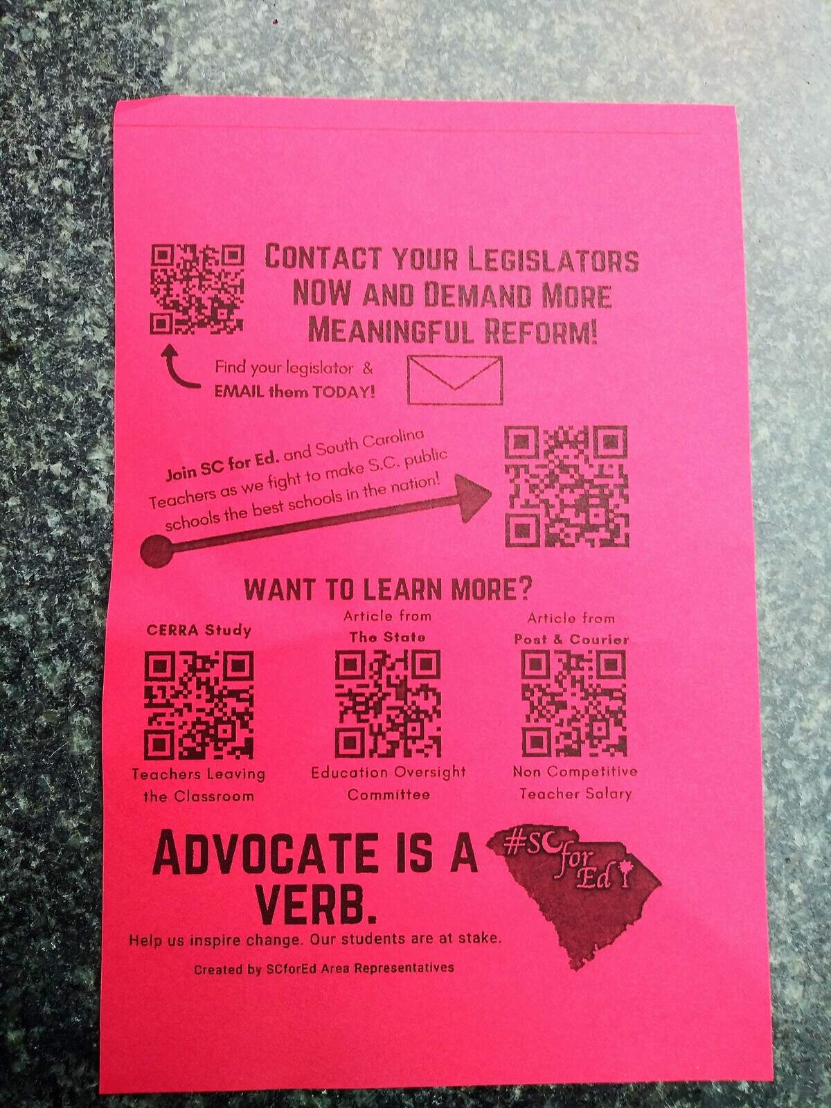 Area teachers and advocates attended a rally Saturday at Handley’s in Pub & Grub in Carolina Forest that was centered around stopping a bill proposed by state legislators. Flyers were handed out at the event.