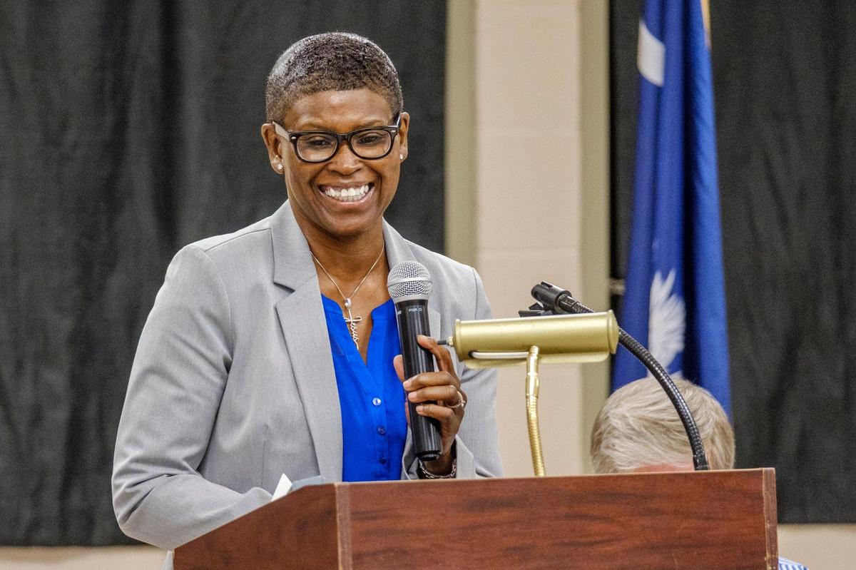 Myrtle Beach Mayoral candidate Tammie Durant speaks at a debate hosted by a group called “Patriots Reporting for Duty.” Myrtle Beach politicos held two competing election events at the same time in the Market Common area last night. Oct. 6, 2021.