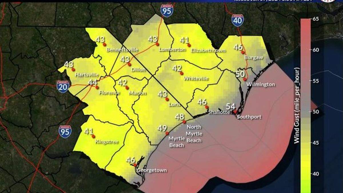 The National Weather Service in Wilmington has predicted a strong storm system for southeast North Carolina and northeast South Carolina. The Myrtle Beach area will see strong wind gusts that could cause power outages, downed trees and possible tornadoes.