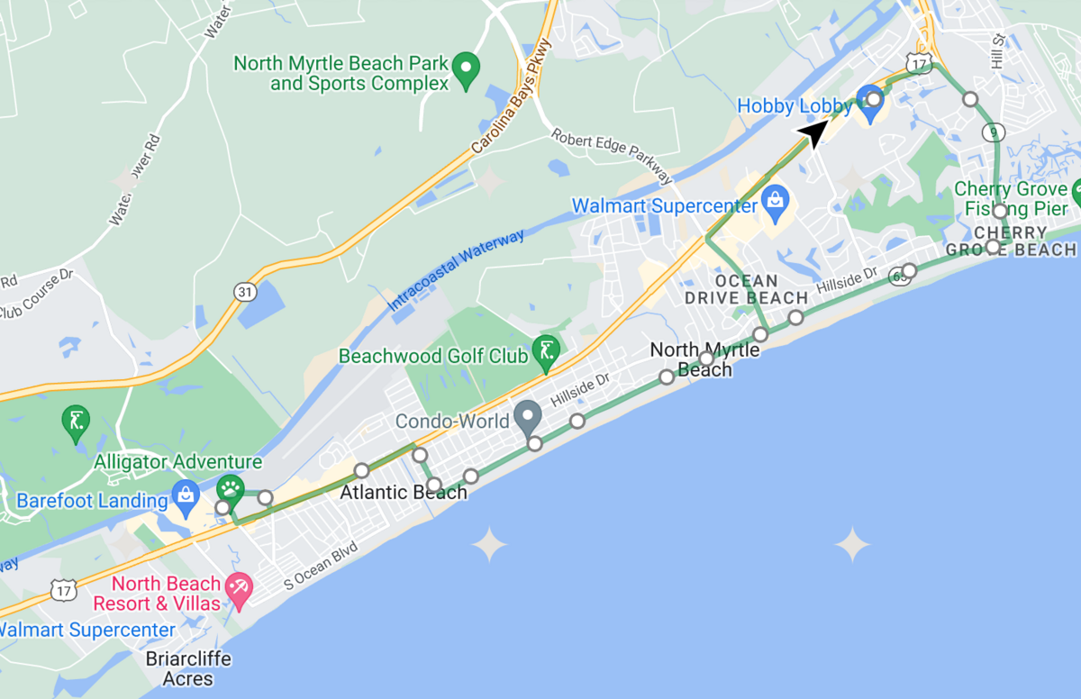 The Entertainment Express shuttle in North Myrtle Beach will travel from Cherry Grove Beach to Barefoot Landing, making stops at various shops, resorts and attractions.