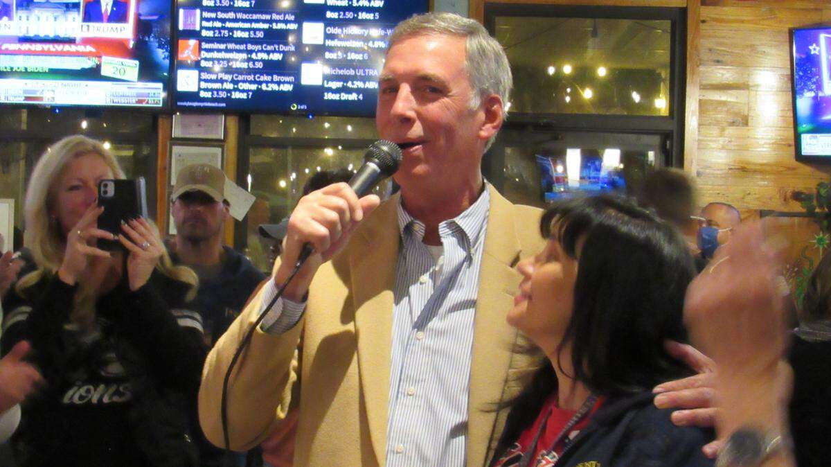 U.S. Rep. Tom Rice speaks with his supporters during his Election Night watch party Tuesday, Nov. 3 at Sneaky Beagle in Carolina Forest.