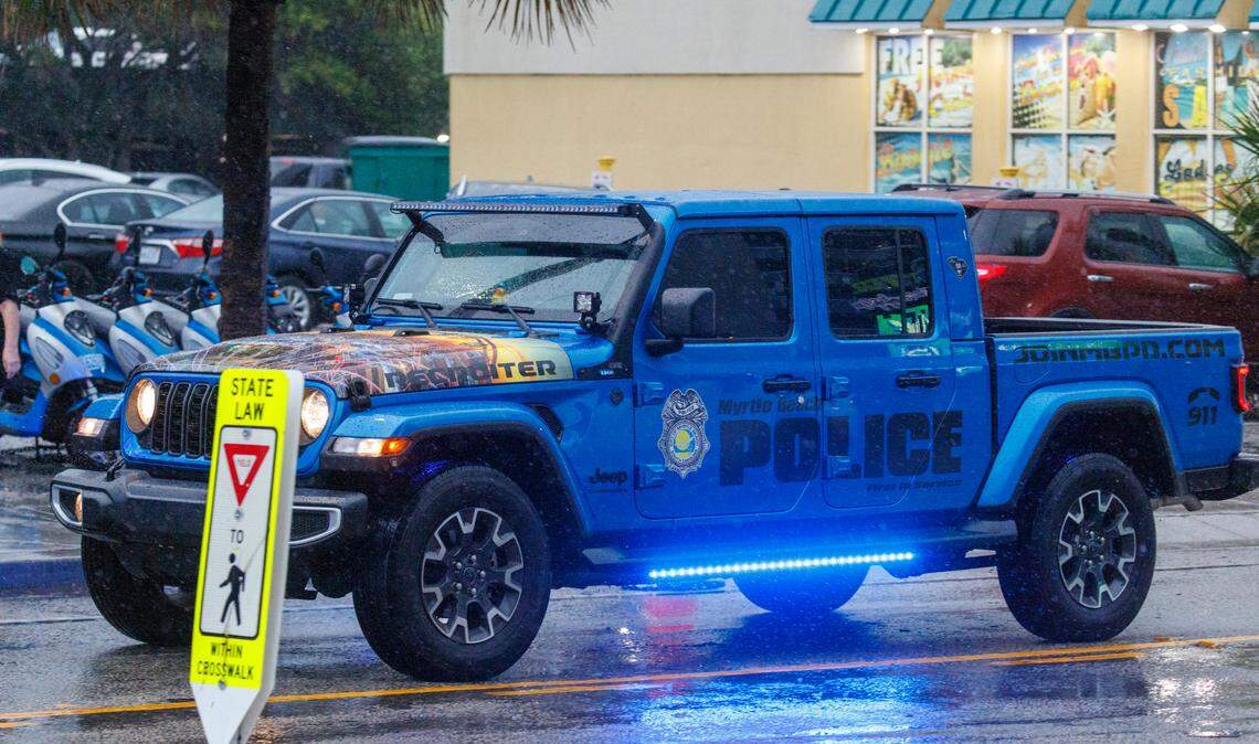 The Myrtle Beach Police Department’s new recruiting vehicle cruises down Ocean Boulevard on Friday, May 30, 2025.