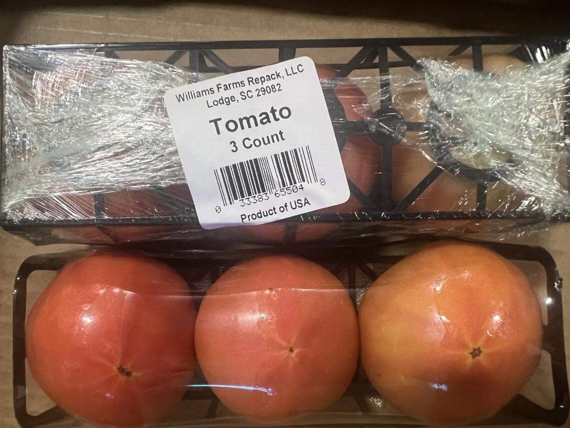 The salmonella recall applies to nine tomato products, including three-count trays under the Williams Farms Repack label.