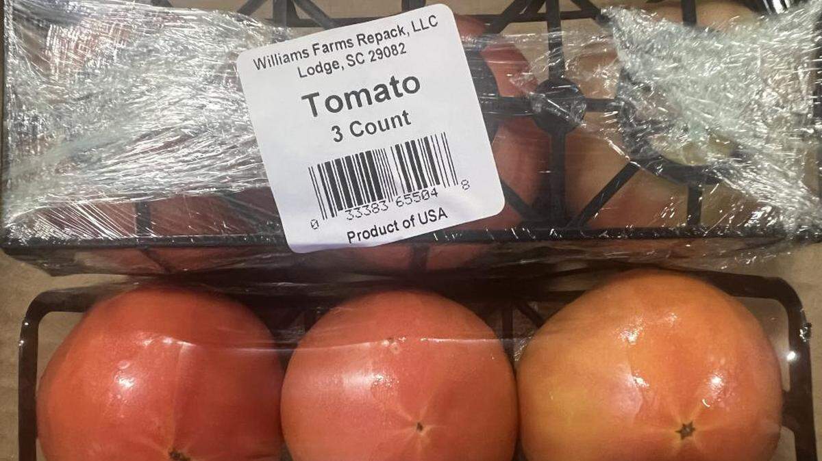 The salmonella recall applies to nine tomato products, including three-count trays under the Williams Farms Repack label.